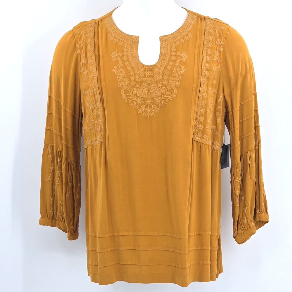John Mark Embroidered Tunic Top Blouse  Womens Size Large Yellow Boho Peasant